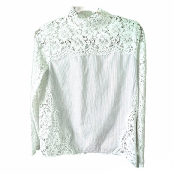 SANDRO | 🤍 White Lace Mock Neck Blouse w/ Thin Pinstripe Panel | Size 1 (Small) - Picture 4 of 16